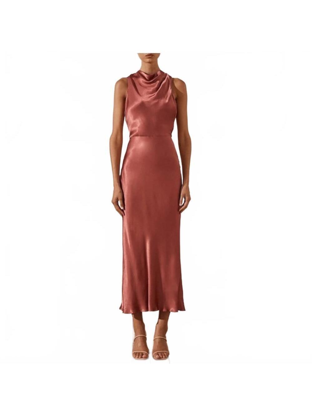 Shona Joy La Lune High Neck Midi Dress in Terracotta Size US 6